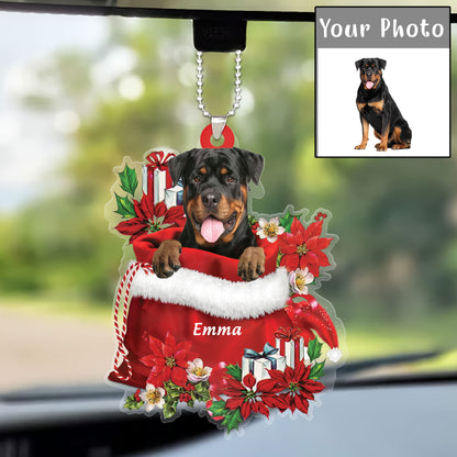 Personalized Name Rottweiler In Red Gift Bag Christmas Acrylic Keychain, Custom Christmas Gift For Dog Lovers, Dog Mom