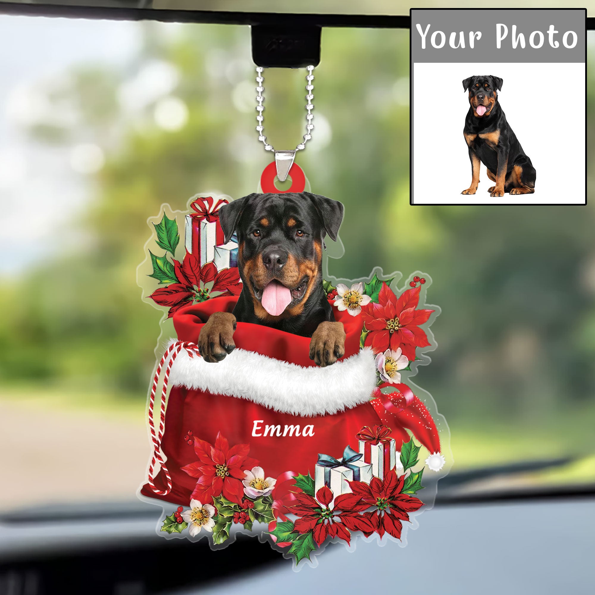 Personalized Name Rottweiler In Red Gift Bag Christmas Car Ornament, Custom Christmas Gift For Dog Lovers, Dog Mom