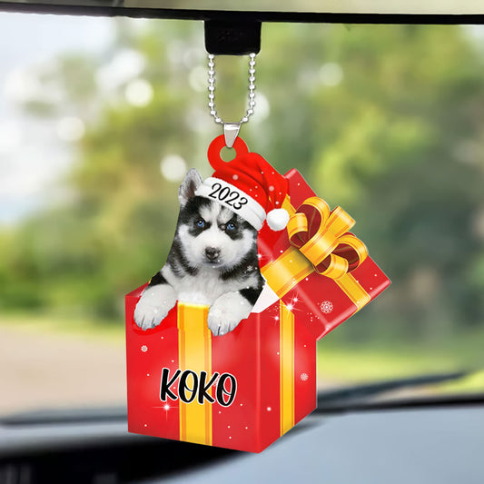 Personalized Siberian Husky In Red Gift Box Car Ornament Custom Name Pet Christmas Car Ornament - Gift For Dog Lovers, Pet Lovers