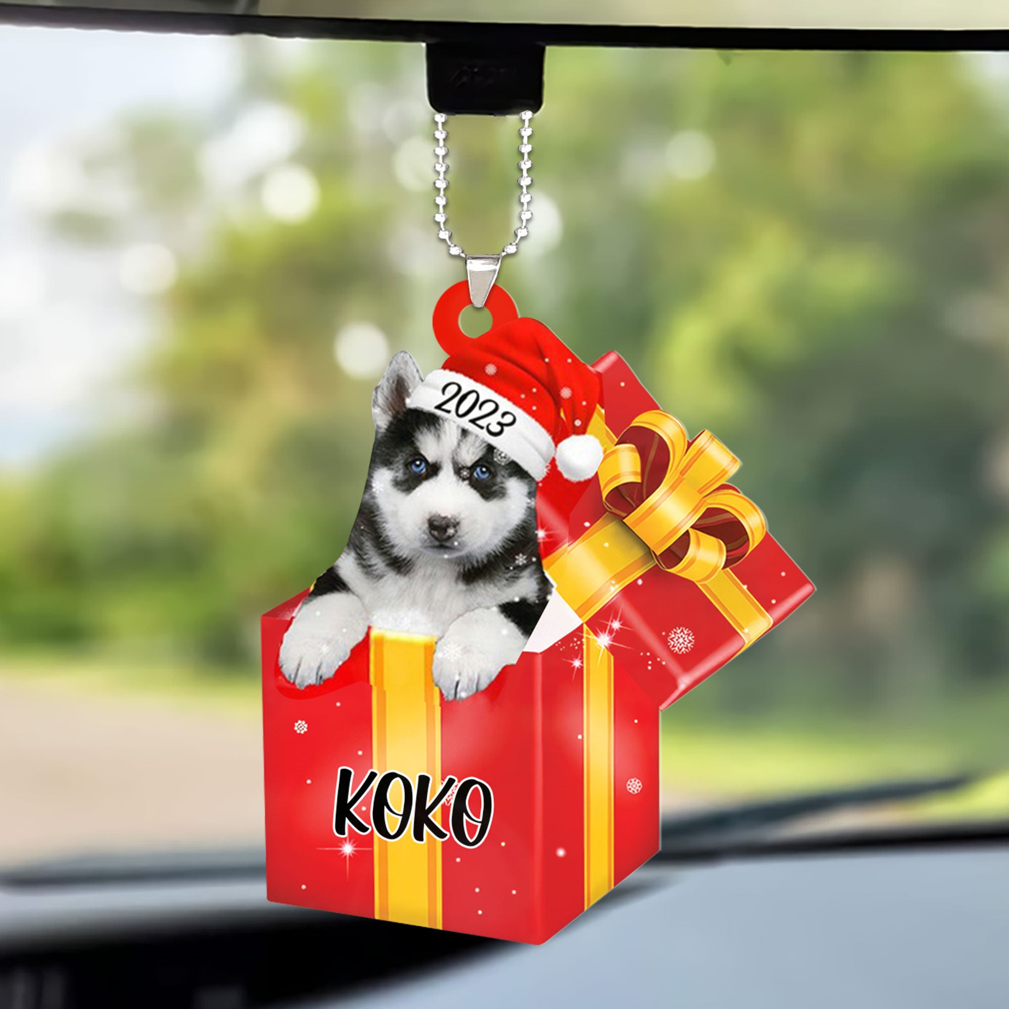 Personalized Siberian Husky In Red Gift Box Car Ornament Custom Name Pet Christmas Car Ornament - Gift For Dog Lovers, Pet Lovers