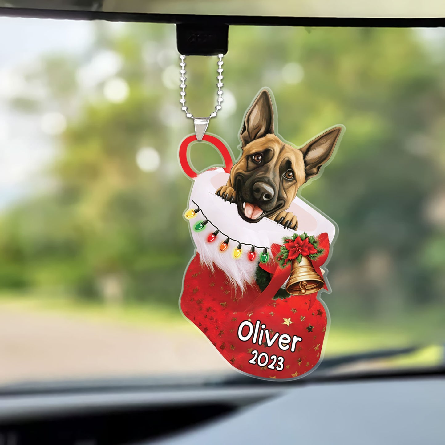 Custom Dog Christmas Car Ornament, Personalized Belgian Malinois in Christmas Stocking Car Ornament for Dog Lover, New Year