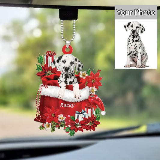 Custom Name Dalmatian In Red Gift Bag Christmas Car Ornament, Customized Christmas Gift For Dog Lovers, Dog Mom