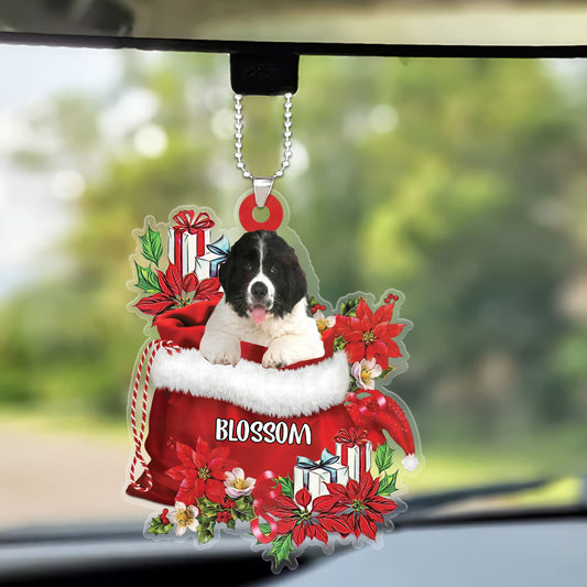 Personalized Name Newfoundland In Red Gift Bag Christmas Car Ornament, Customized Christmas Gift For Dog Lovers, Dog Mom