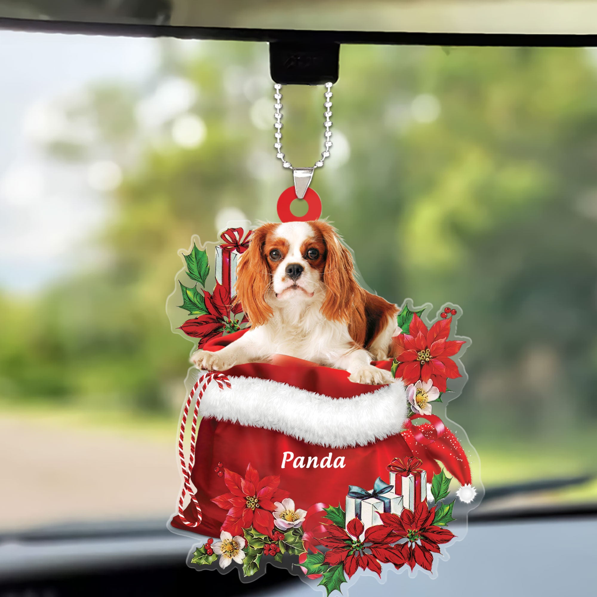 Custom Name Cavalier King Charles Spaniel In Red Gift Bag Christmas Car Ornament, Customized Christmas Gift For Dog Lovers, Dog Mom