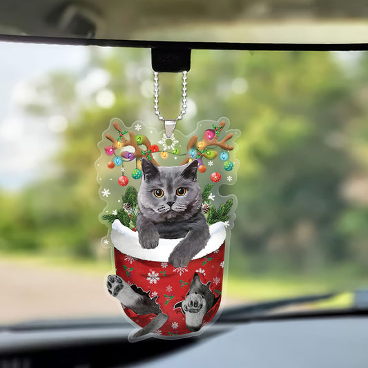 British Grey Cat In Snow Pocket Christmas Flat Cat Car Ornament- Best Gift For Cat Lovers