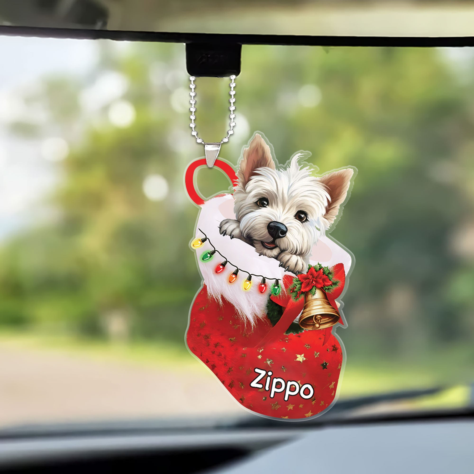 Custom Dog Christmas Car Ornament, Personalized West Highland White Terrier In Stocking Christmas Car Ornament for Dog Lover