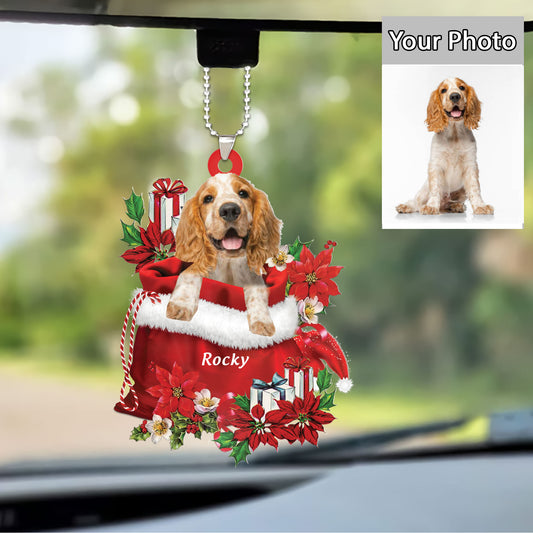 Custom Name Cocker Spaniel In Red Gift Bag Christmas Car Ornament, Customized Christmas Gift For Dog Lovers, Dog Mom