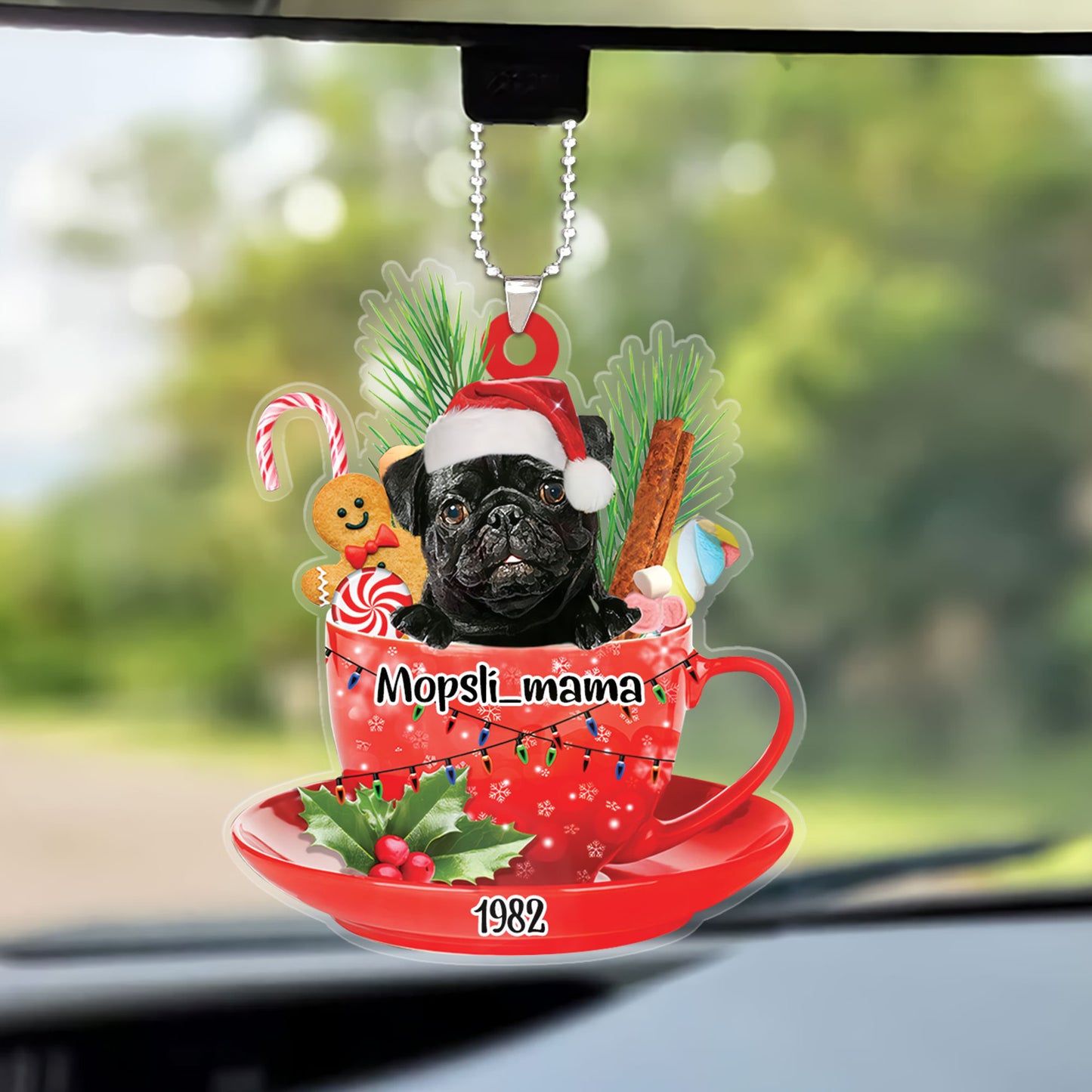 Custom Dog Christmas Car Ornament, Personalized Black Pug In Cup Merry Car Ornament For Dog Lovers, Dog Christmas Gift