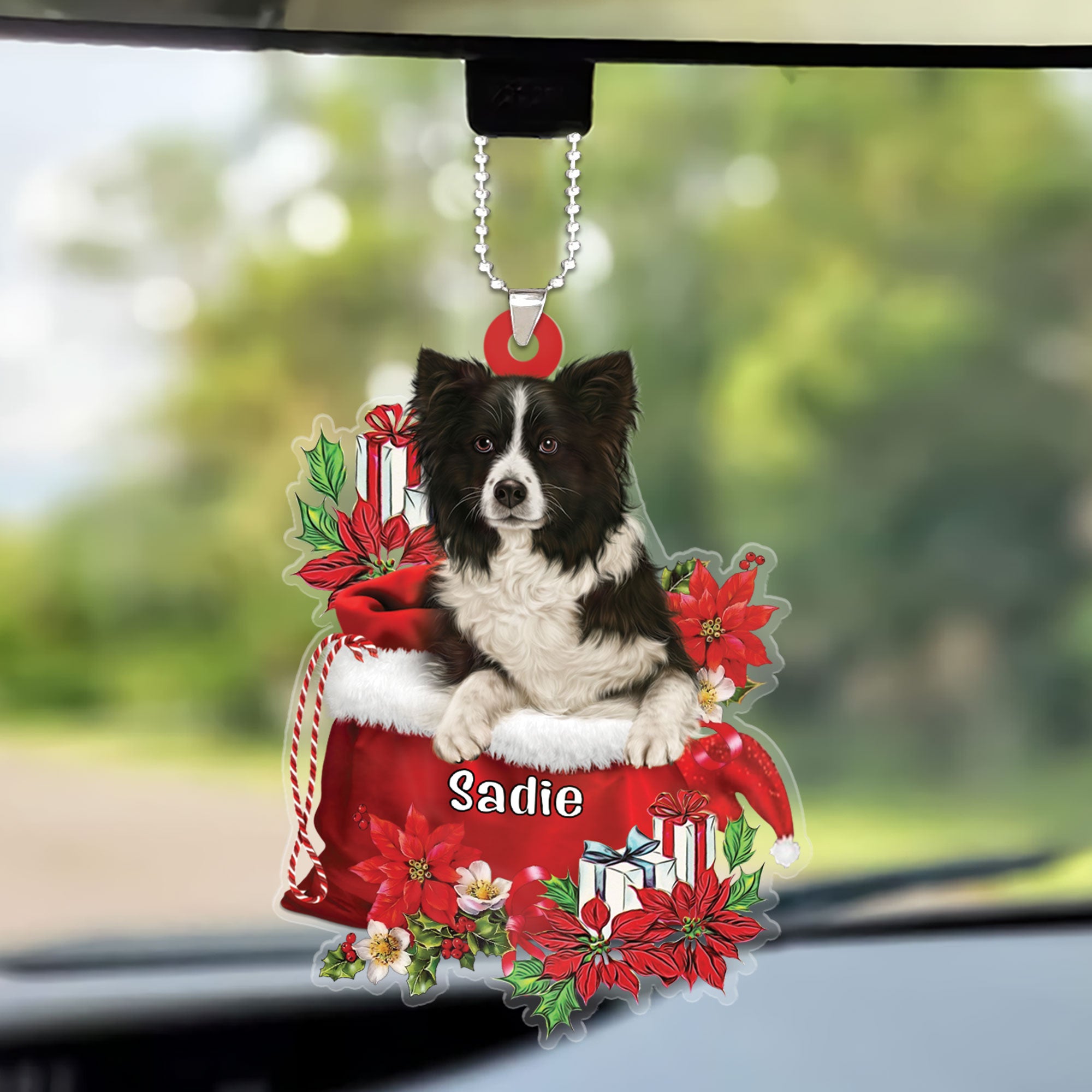 Custom Name Border Collie In Red Gift Bag Christmas Car Ornament, Customized Christmas Gift For Dog Lovers, Dog Mom