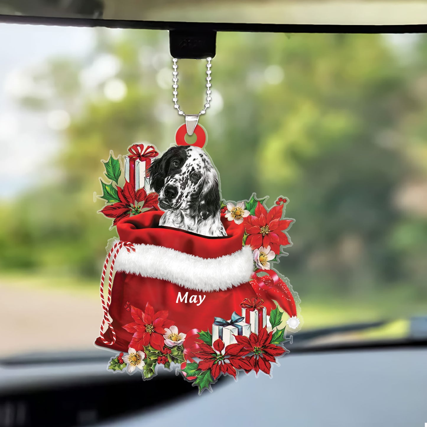 Personalized English Setter In Red Gift Bag Christmas Car Ornament, Custom Name Christmas Gift For Dog Lovers, Dog Mom For Dog Lovers, Dog Mom