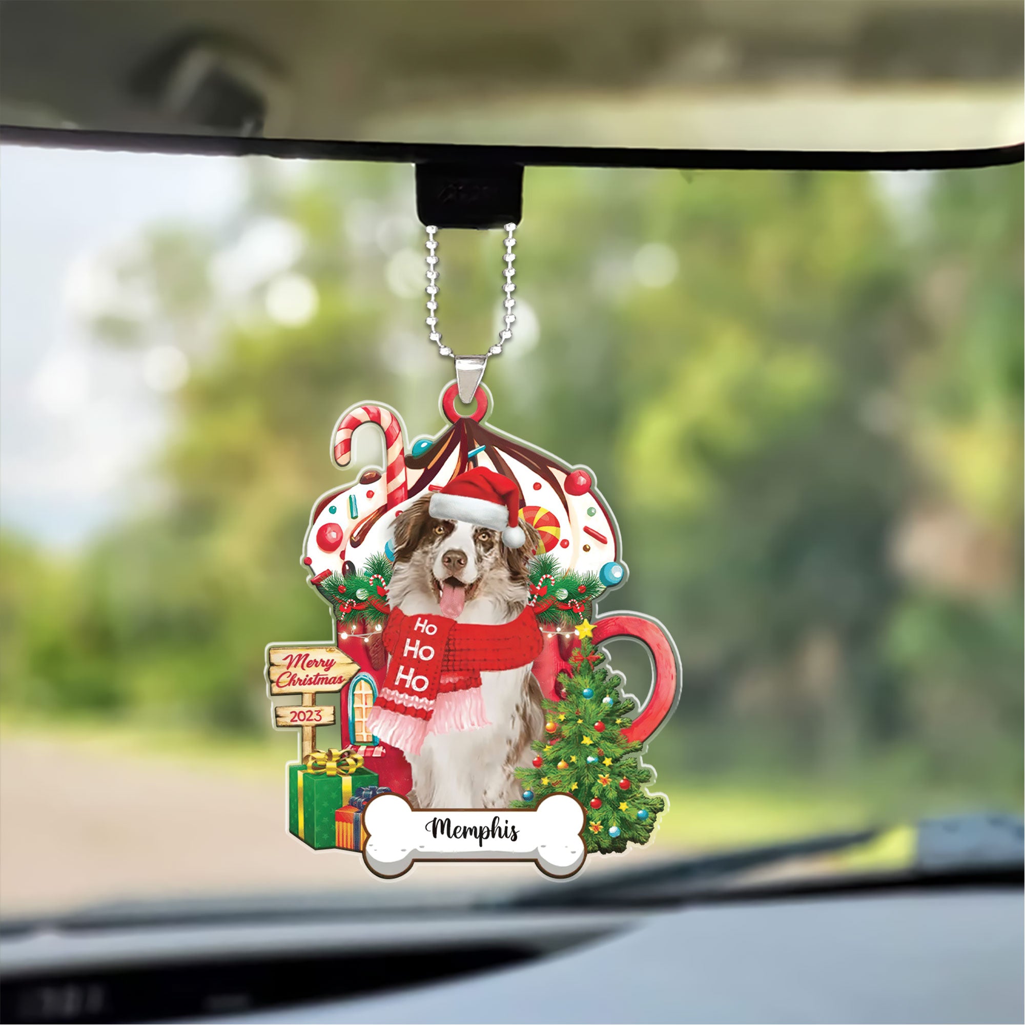 Australian Shepherd Hohoho Christmas 2023 Car Ornament Custom Name, Custom Shape Car Ornament for Christmas, Dog Lovers, Dog Mom