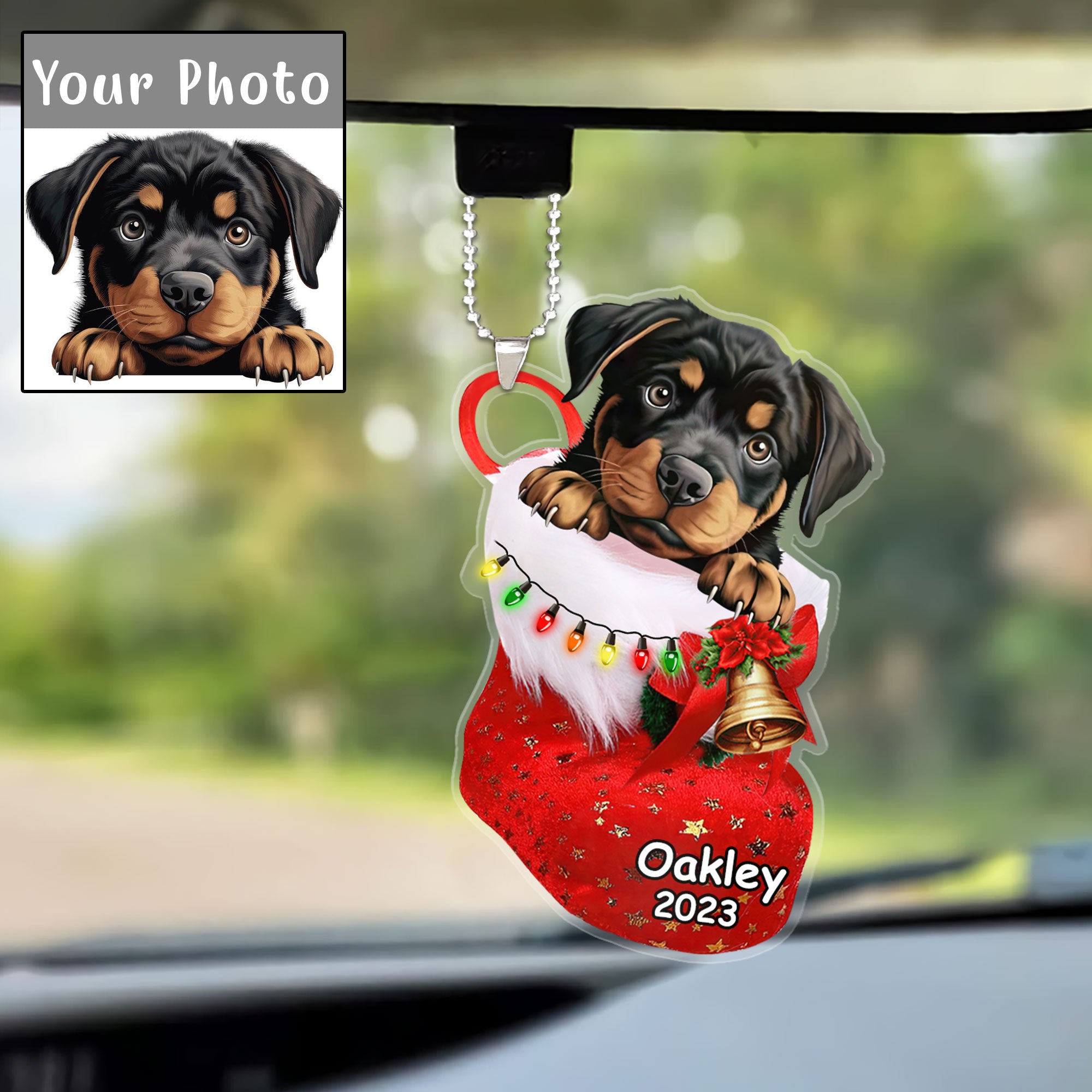 Custom Dog Christmas Car Ornament, Personalized Baby Rottweiler In Stocking Christmas Car Ornament for Dog Lover, New Year