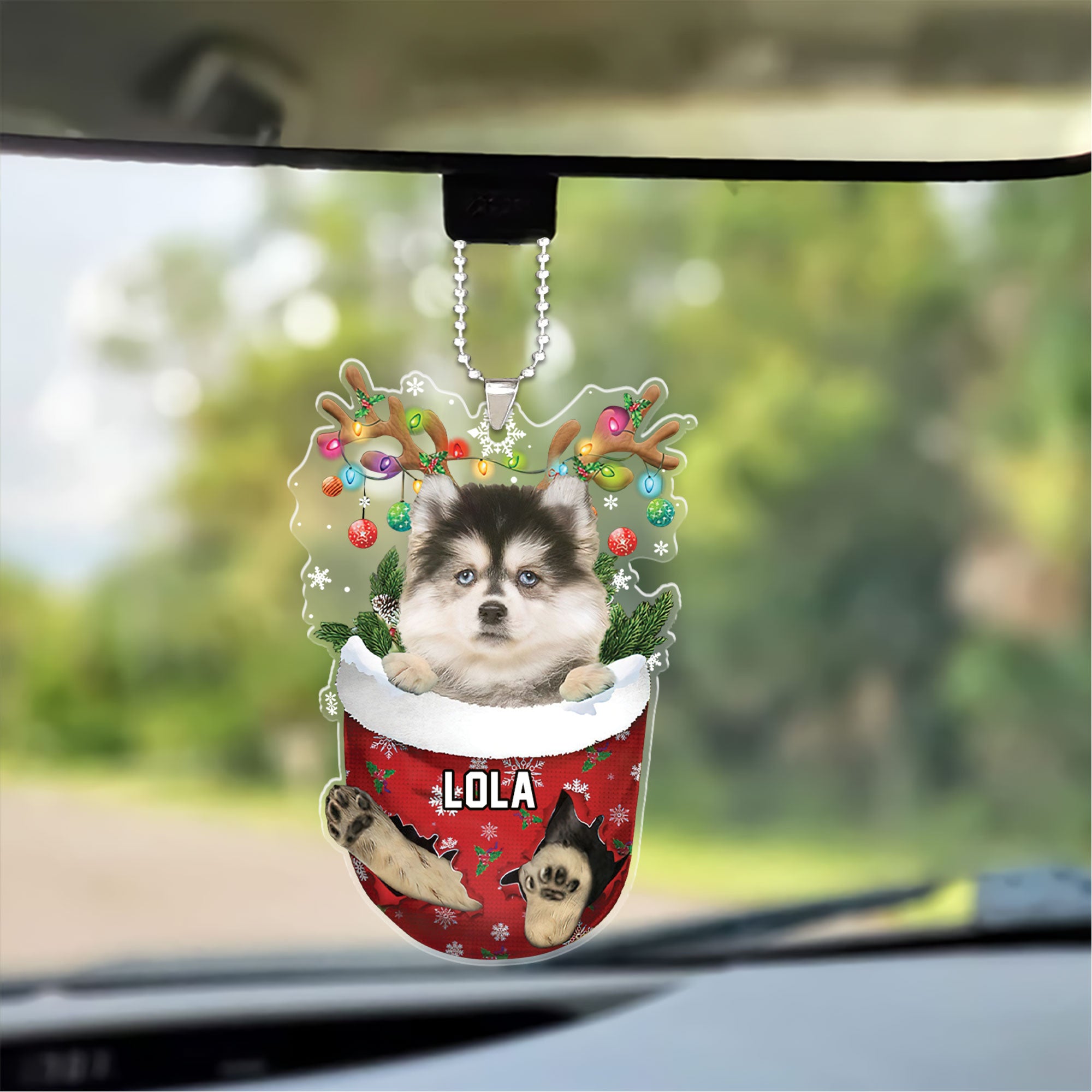 Pomsky In Snow Pocket Christmas Car Ornament - Christmas Gift For Pomsky Lovers, Dog Lovers