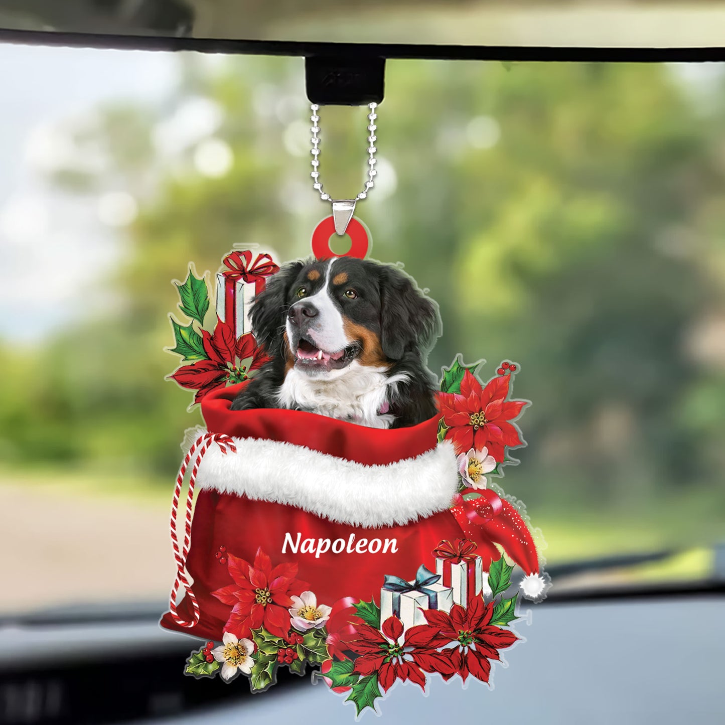 Custom Name Bernese Mountain In Red Gift Bag Christmas Car Ornament, Customized Christmas Gift For Dog Lovers, Dog Mom