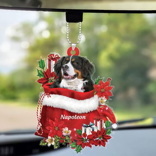 Custom Name Bernese Mountain In Red Gift Bag Christmas Car Ornament, Customized Christmas Gift For Dog Lovers, Dog Mom