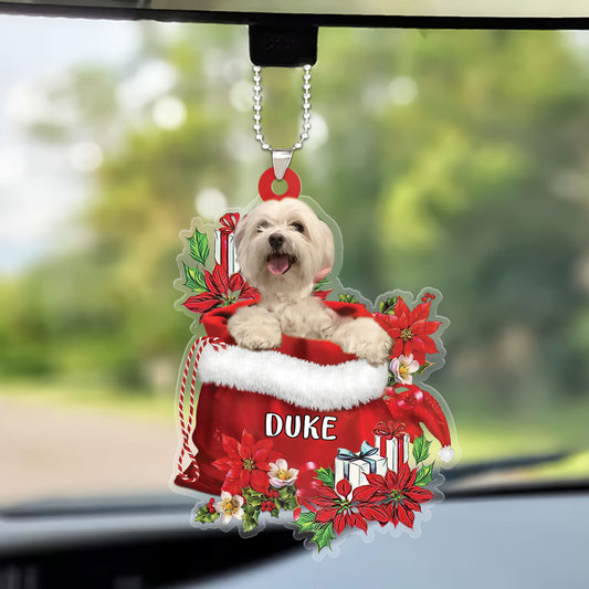 Personalized Name Maltese In Red Gift Bag Christmas Car Ornament, Custom Christmas Gift For Dog Lovers, Dog Mom