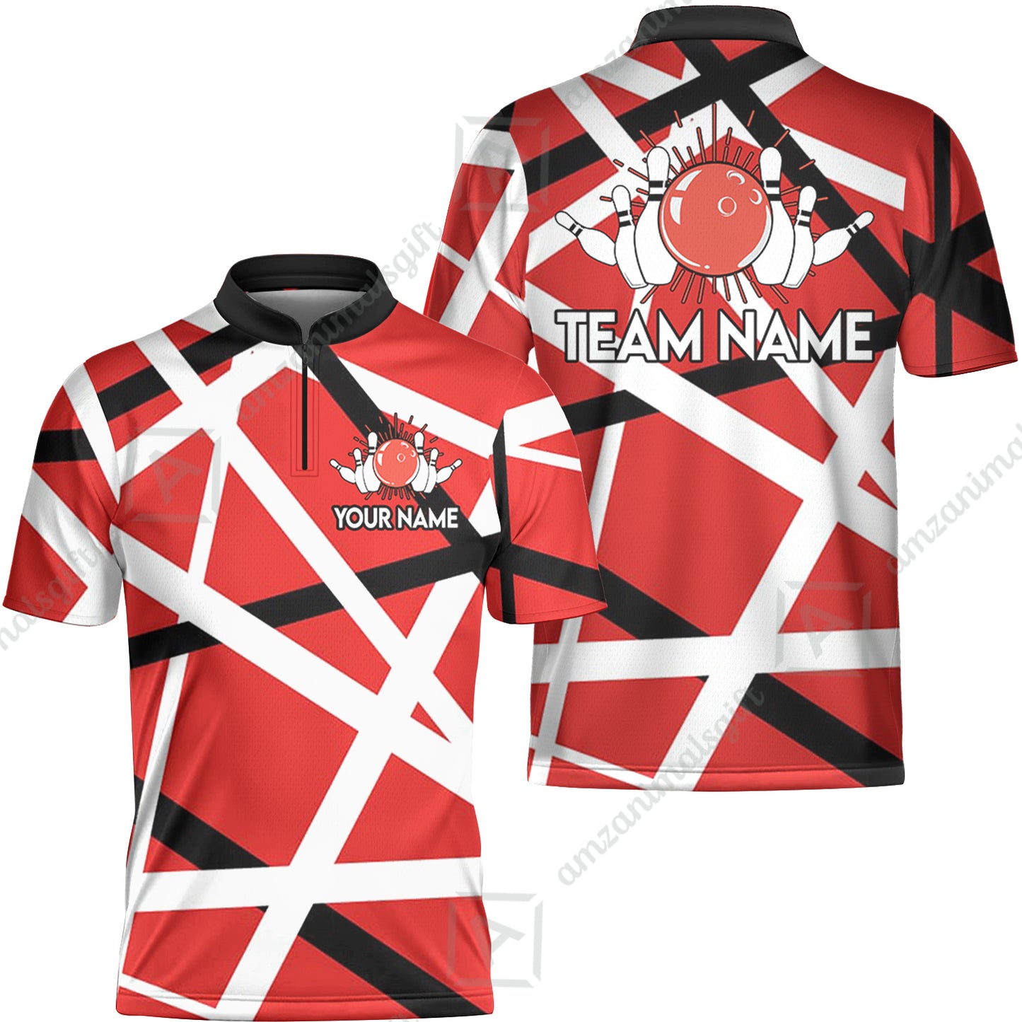 Custom Bowling Team Jersey Shirt, Bowling uniforms Vintage Retro Rock Style Guitar Red & White Personalized Name And Team Name