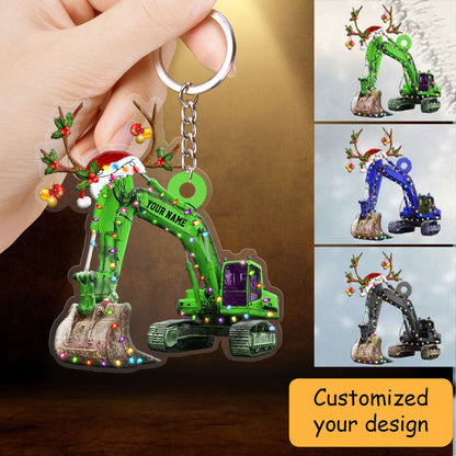 Personalized Excavator Christmas Acrylic Keychain, Custom Name And Full Color Excavator Acrylic Keychain For Him, Dad