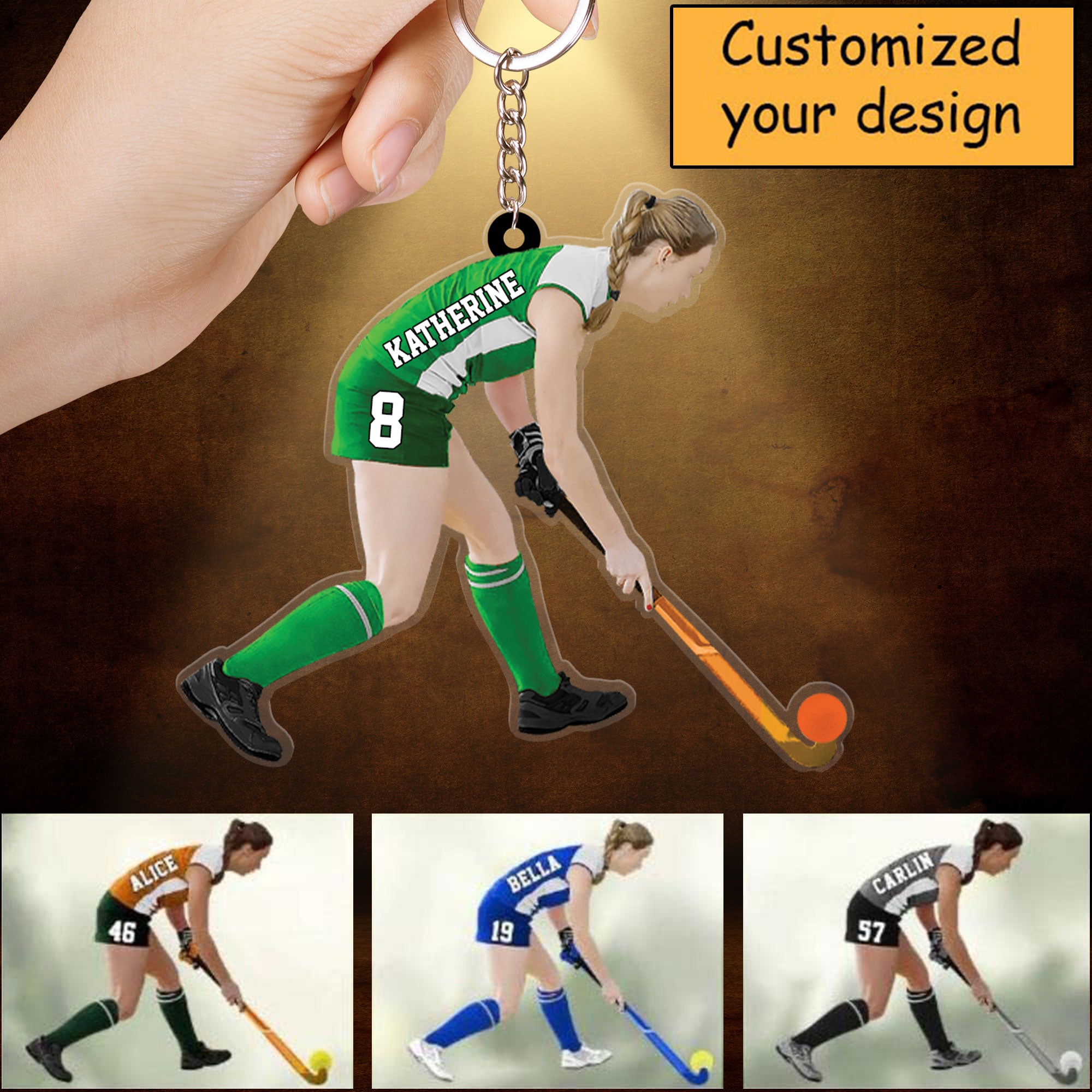 Custom Hockey Acrylic Christmas Keychain, Personalized Woman, Girl, Female Field Hockey Acrylic Keychain For Hockey Lover, Christmas, New Year