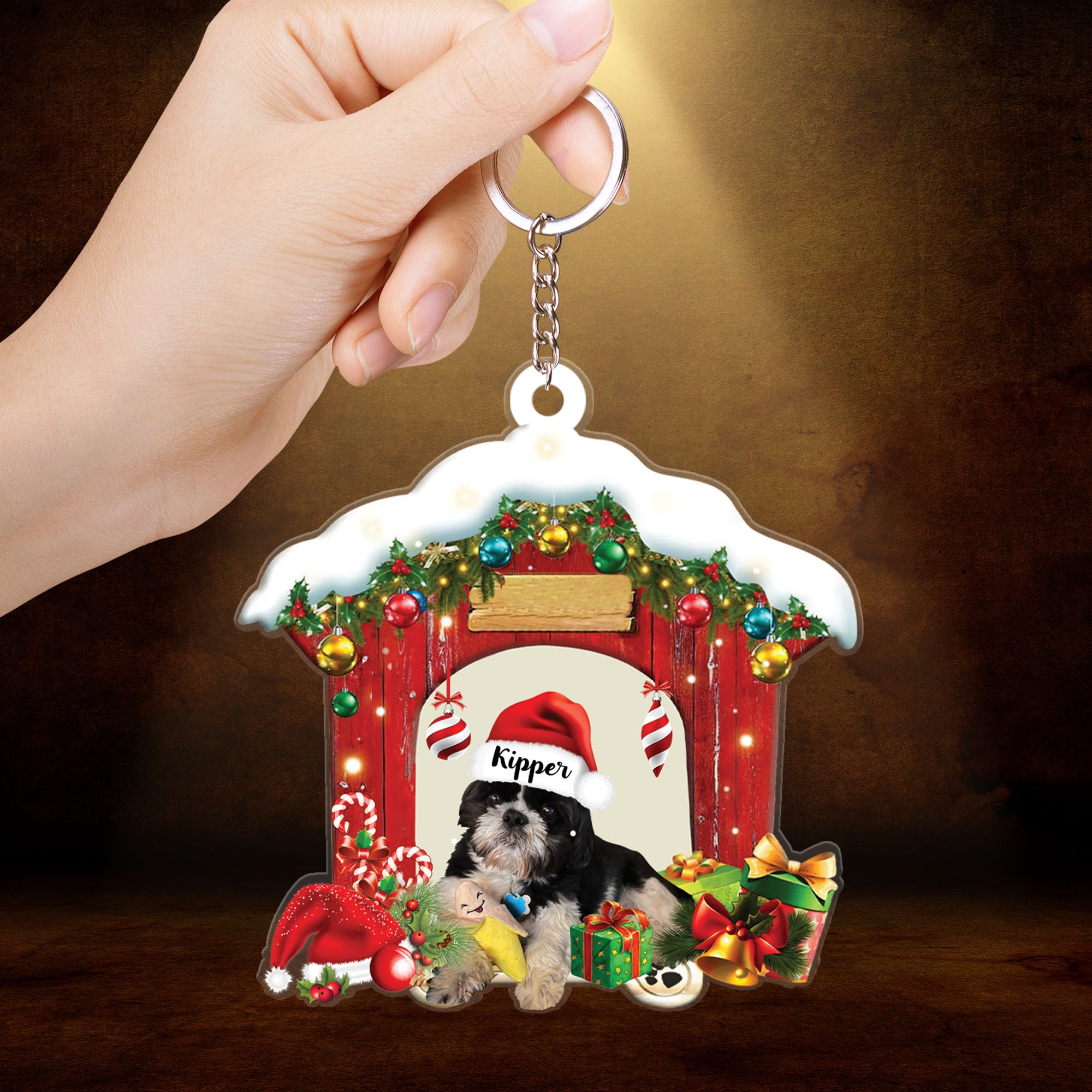 Customized Name Shih Tzu In Red Wood House Christmas Acrylic Keychain Gift For Dog Lovers, Dog Mom