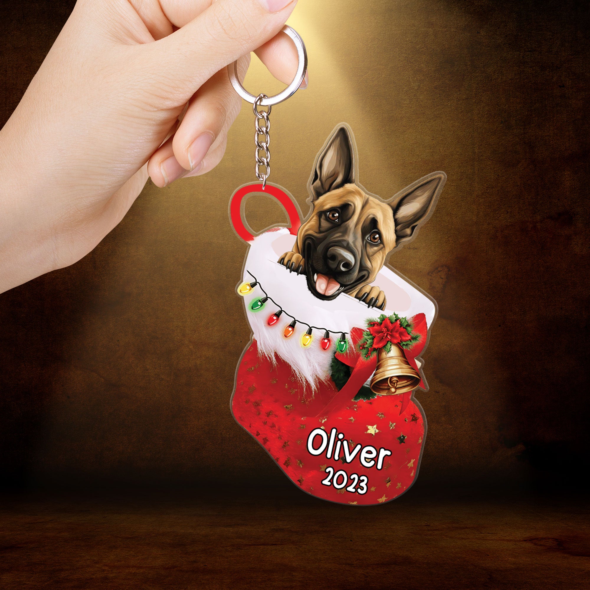 Custom Dog Acrylic Christmas Keychain, Personalized Belgian Malinois in Christmas Stocking Acrylic Keychain for Dog Lover, New Year