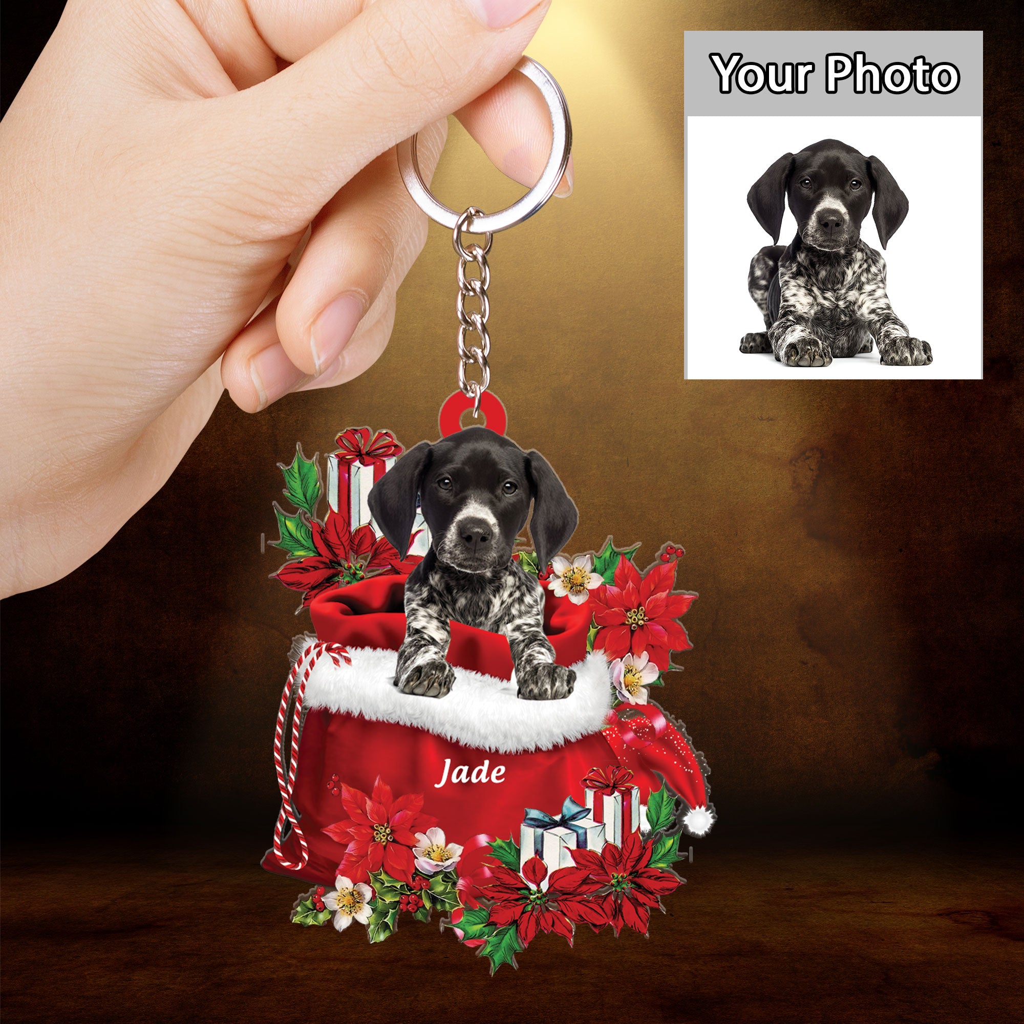 Personalized Name German Shorthaired Pointer In Red Gift Bag Christmas Acrylic Keychain, Customized Christmas Gift For Dog Lovers, Dog Mom