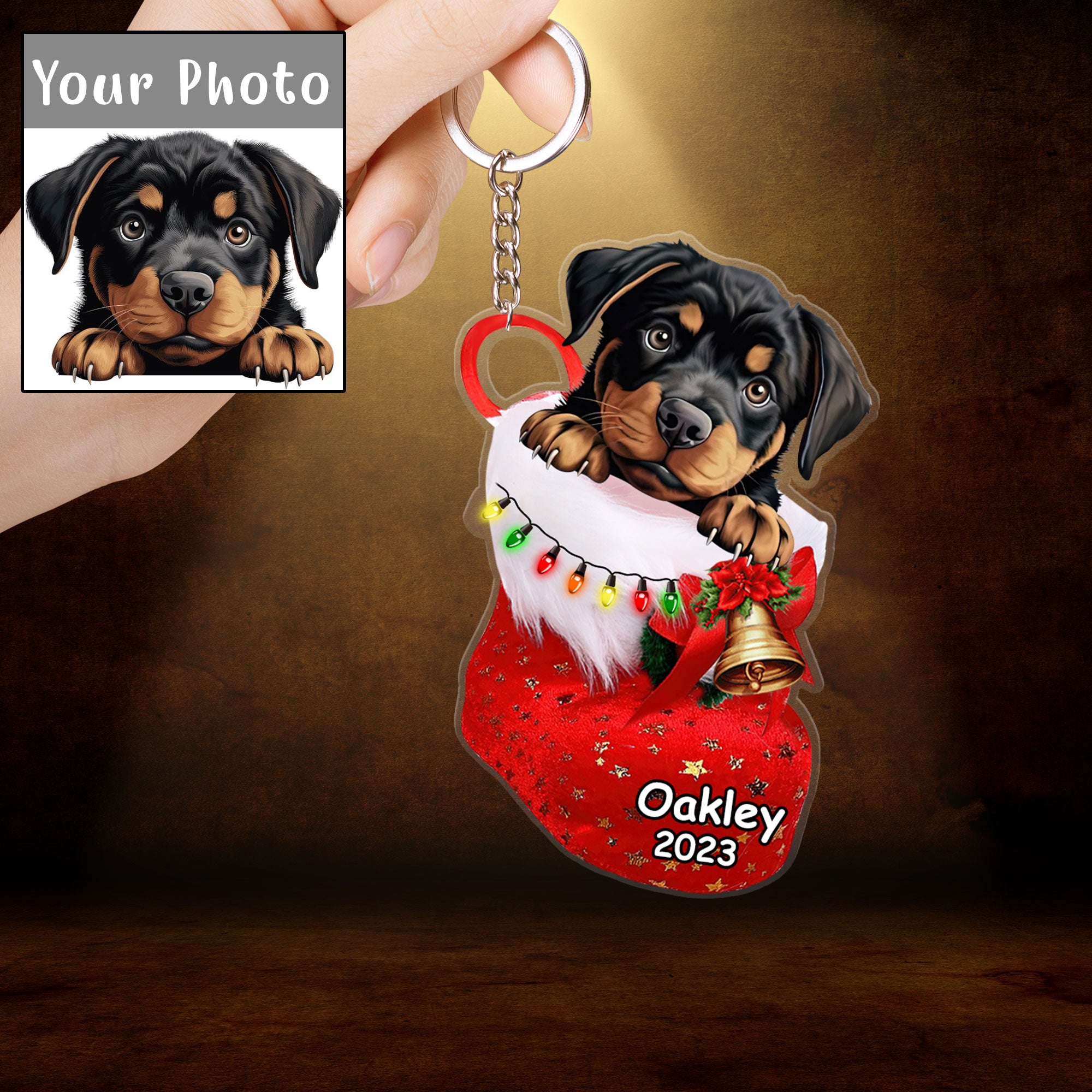 Custom Dog Acrylic Christmas Keychain, Personalized Baby Rottweiler In Stocking Christmas Acrylic Keychain for Dog Lover, New Year