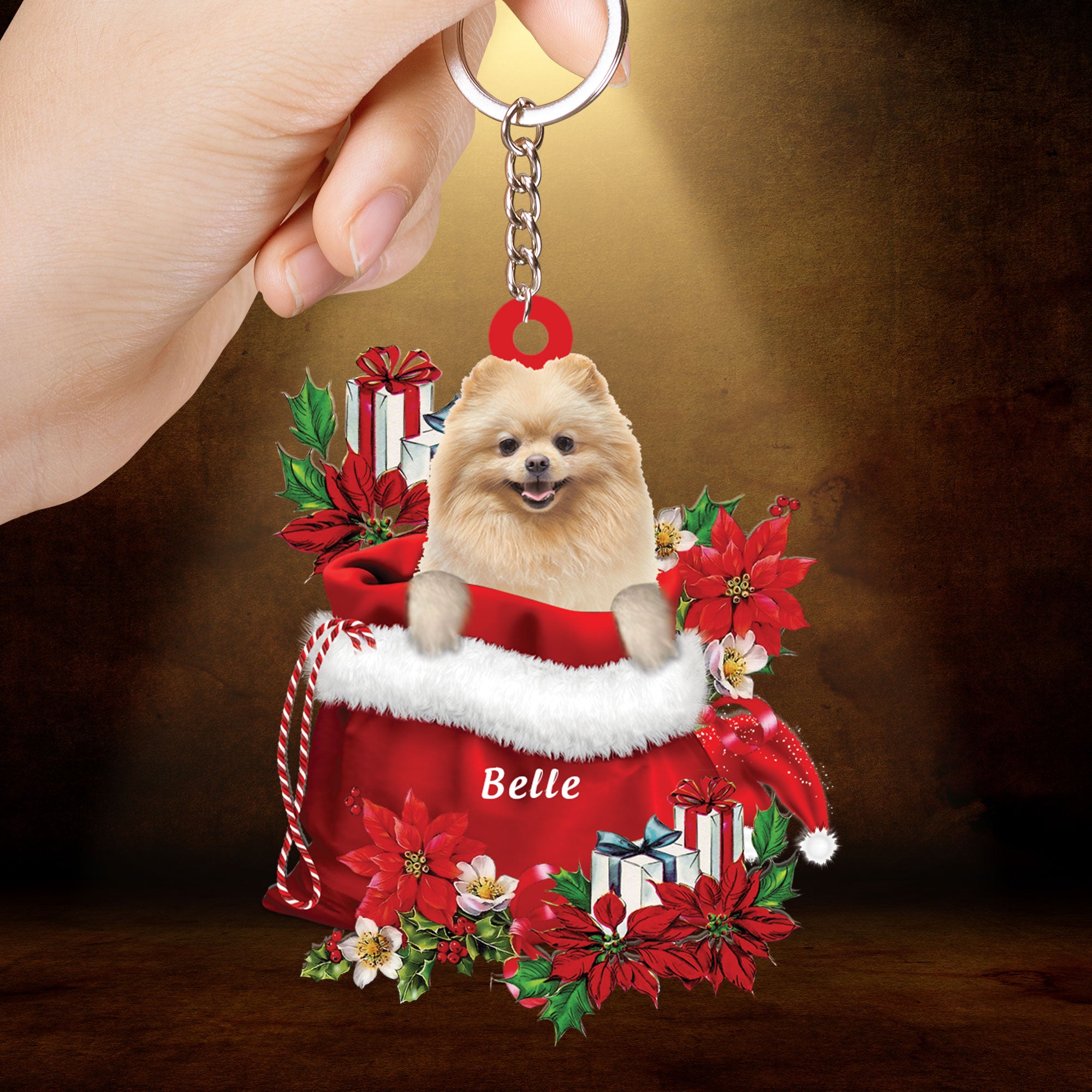 Custom Name Pomeranian In Red Gift Bag Christmas Acrylic Keychain, Customized Christmas Gift For Dog Lovers, Dog Mom