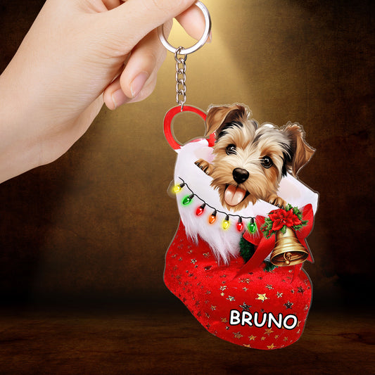 Custom Dog Acrylic Christmas Keychain, Personalized Biewer Terrier in Christmas Stocking Acrylic Keychain for Dog Lover, New Year