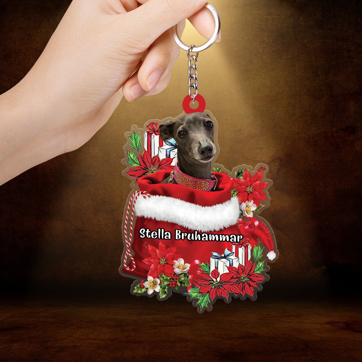 Personalized Italian Greyhound In Red Gift Bag Christmas Car Ornament, Custom Name Christmas Gift For Dog Lovers, Dog Mom