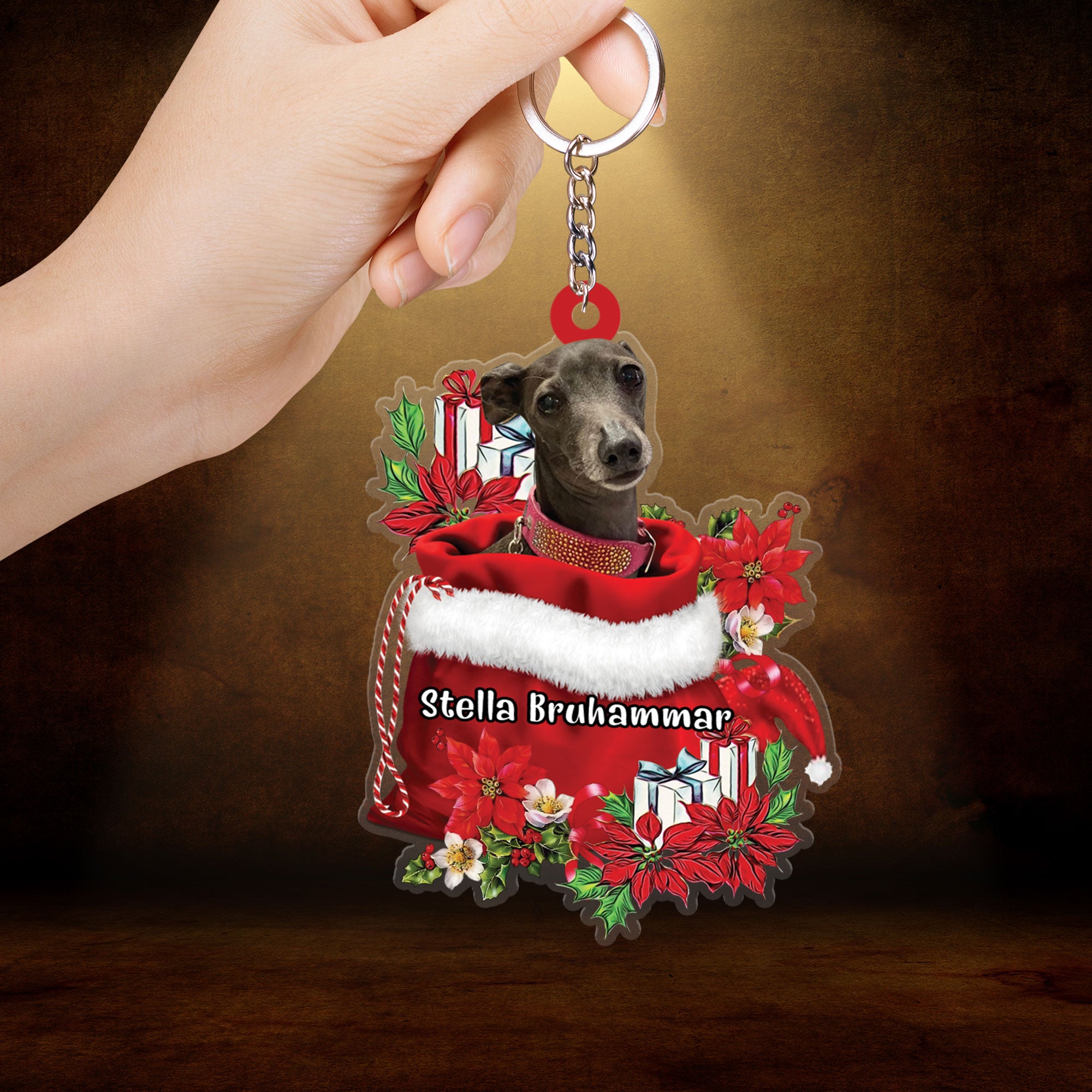 Personalized Italian Greyhound In Red Gift Bag Christmas Acrylic Keychain, Custom Name Christmas Gift For Dog Lovers, Dog Mom