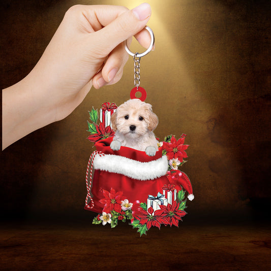 Maltipoo In Gift Flowers Bag Christmas Acrylic Keychain - Christmas Gift For Maltipoo Lovers, Dog Lovers