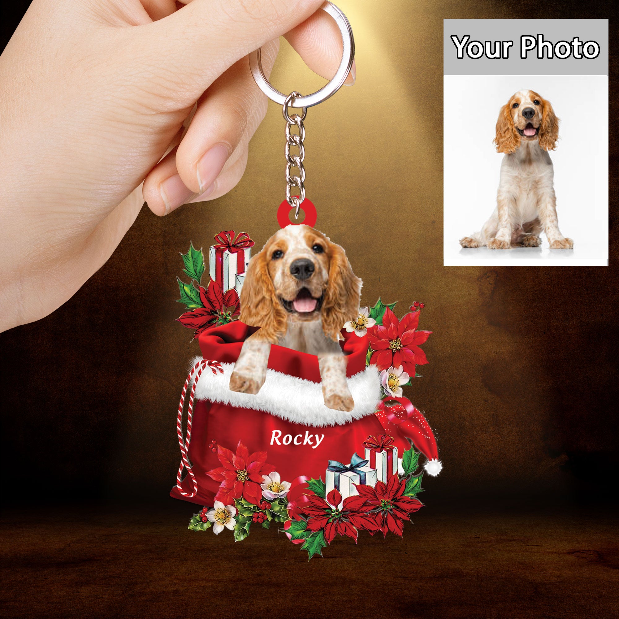 Custom Name Cocker Spaniel In Red Gift Bag Christmas Acrylic Keychain, Customized Christmas Gift For Dog Lovers, Dog Mom