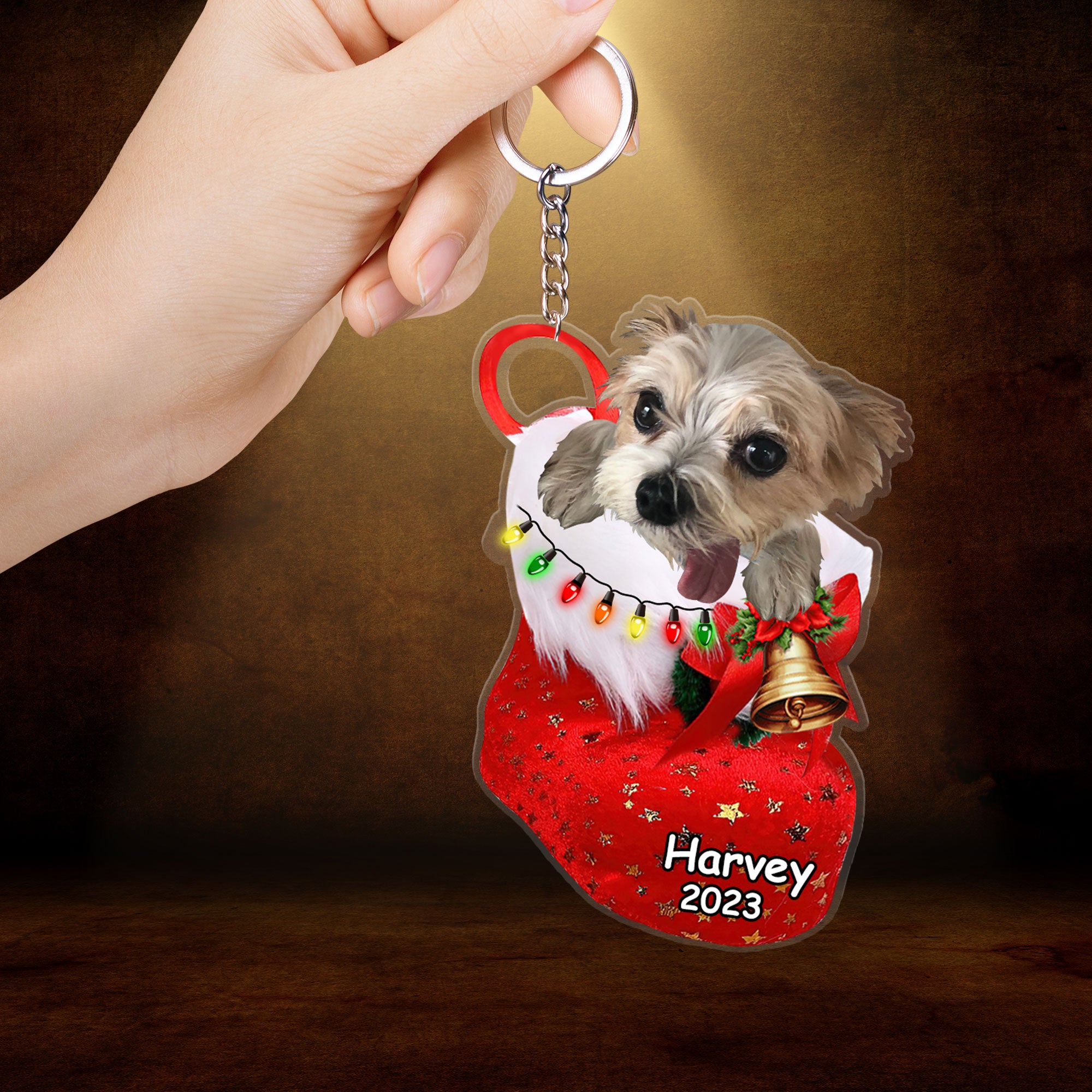 Custom Dog Photo Acrylic Christmas Keychain, Personalized Biewer Terrier in Christmas Sock Acrylic Keychain for Dog Lover, New Year