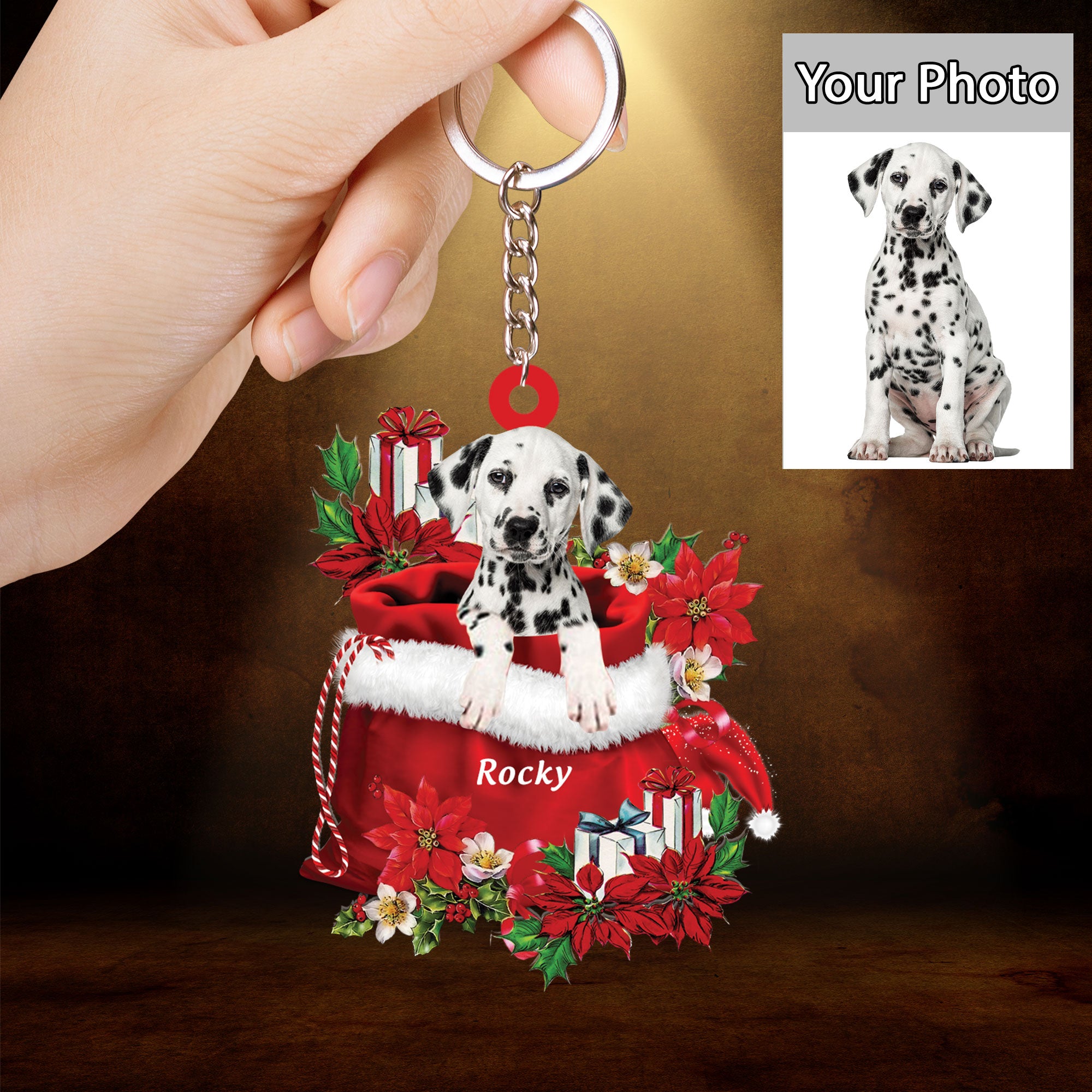 Custom Name Dalmatian In Red Gift Bag Christmas Acrylic Keychain, Customized Christmas Gift For Dog Lovers, Dog Mom