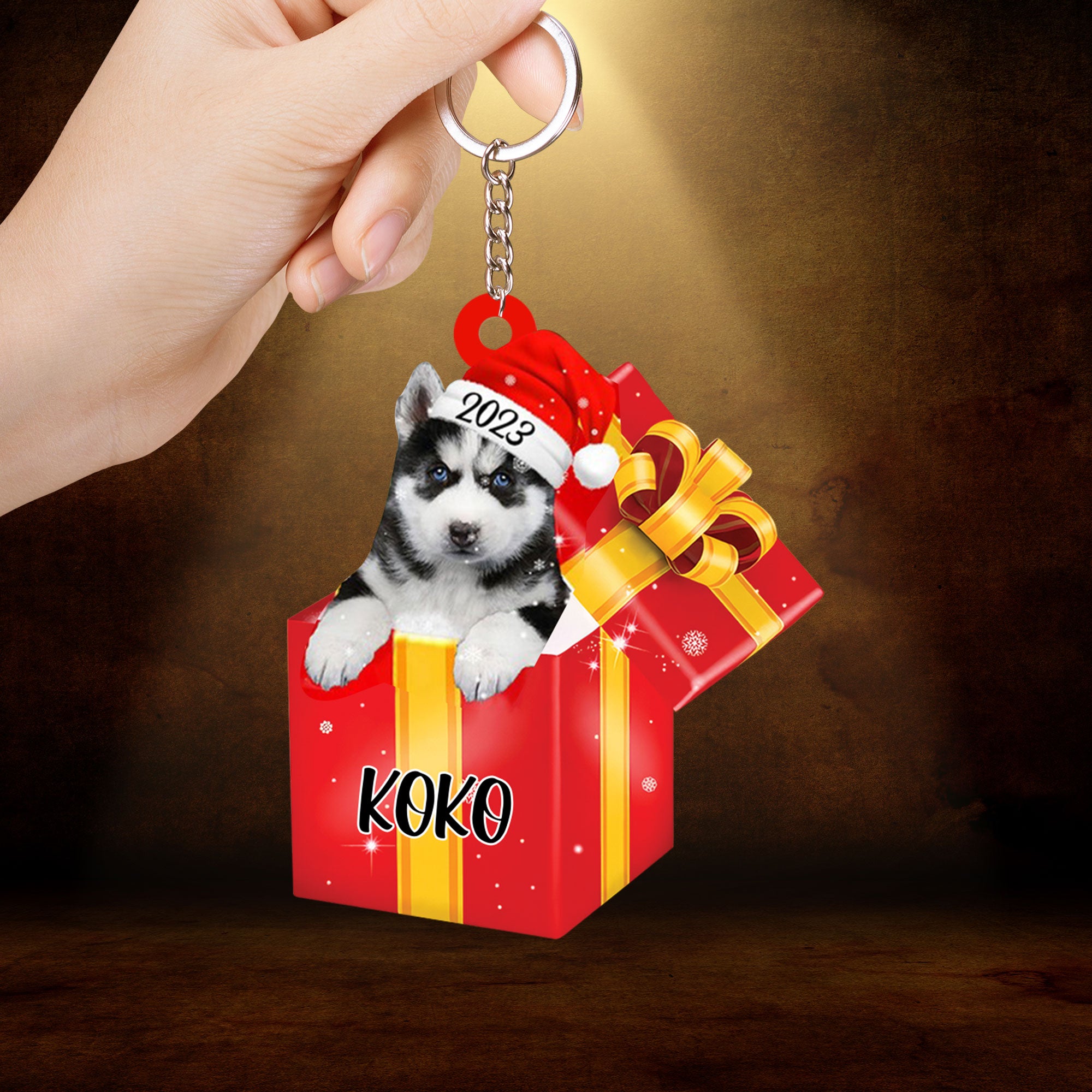 Personalized Siberian Husky In Red Gift Box Acrylic Keychain Custom Name Pet Christmas Keychain - Gift For Dog Lovers, Pet Lovers