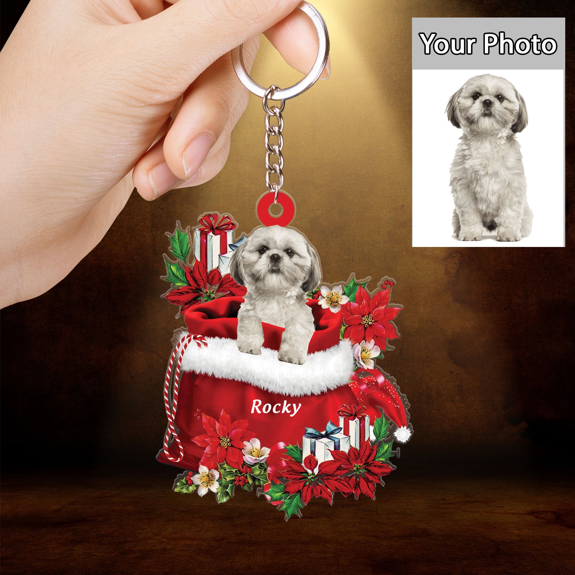 Customized Shih Tzu In Red Gift Bag Christmas Acrylic Keychain, Personalized Christmas Gift For Dog Lovers, Dog Mom