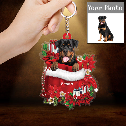 Personalized Name Rottweiler In Red Gift Bag Christmas Acrylic Keychain, Custom Christmas Gift For Dog Lovers, Dog Mom