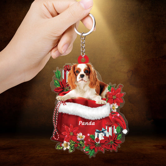 Custom Name Cavalier King Charles Spaniel In Red Gift Bag Christmas Acrylic Keychain, Customized Christmas Gift For Dog Lovers, Dog Mom