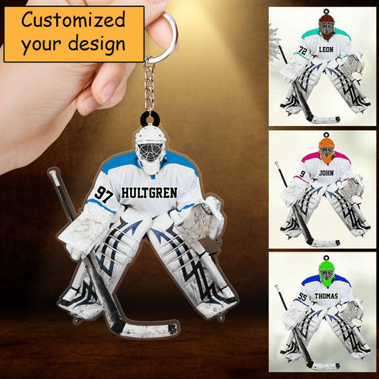 Personalized Hockey Goalie Acrylic Christmas Keychain, Custom Name Acrylic Keychain Hanging Tree - Gift For Hockey Lovers