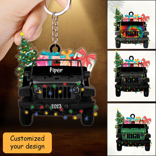 Custom Jeep Acrylic Christmas Keychain, Personalized Jeep Car & Christmas Gift Acrylic Keychain For Christmas, Off-Road Car Lover