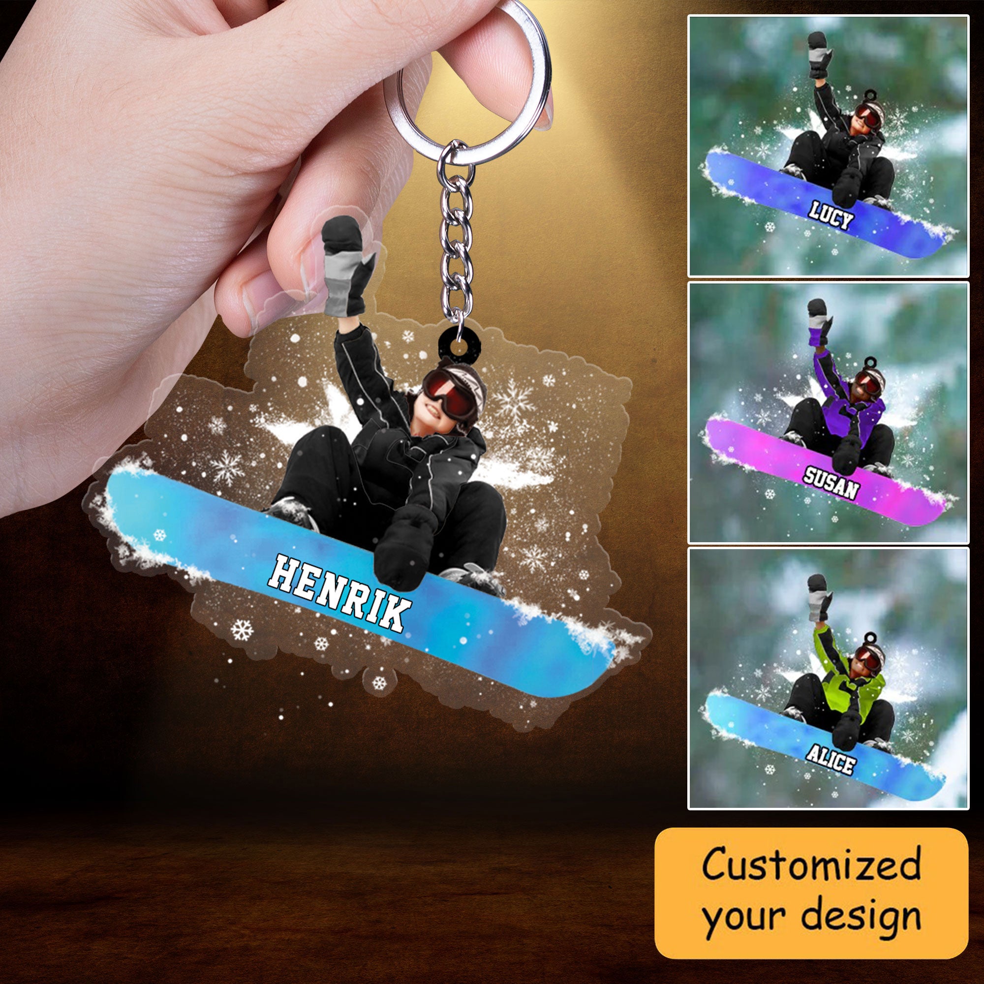 Customized Snowboarding Boy, Skiing Boy Christmas Acrylic Keychain, Gift For Snowboarding Lovers