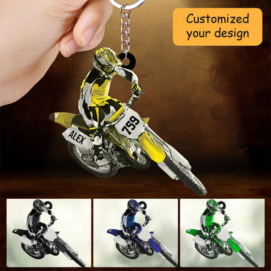 Personalized Motocross Dirt Bike Christmas Acrylic Keychain, Custom Name and Number Motocross Keychain