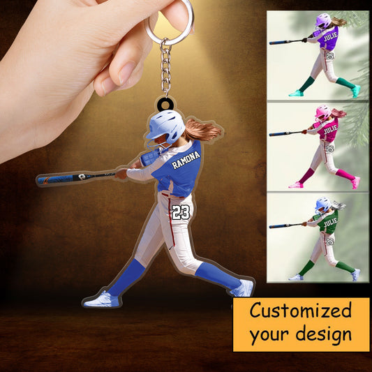 Custom Baseball Acrylic Christmas Keychain, Personalized Female Softball, Baseball Girl Batter Acrylic Keychain For Baseball Lover