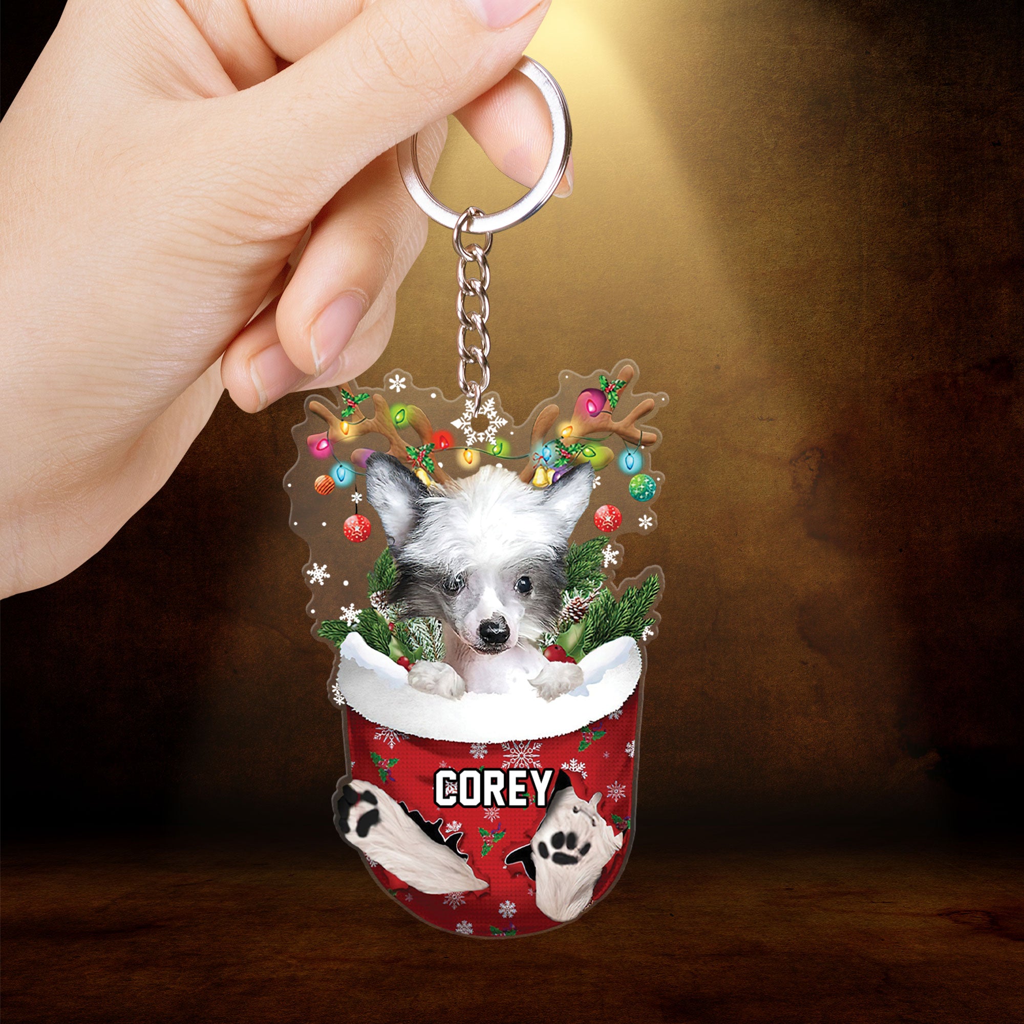 Chinese Crested Dog In Snow Pocket Christmas Acrylic Keychain - Christmas Gift For Chinese Crested Dog Lovers, Dog Lovers