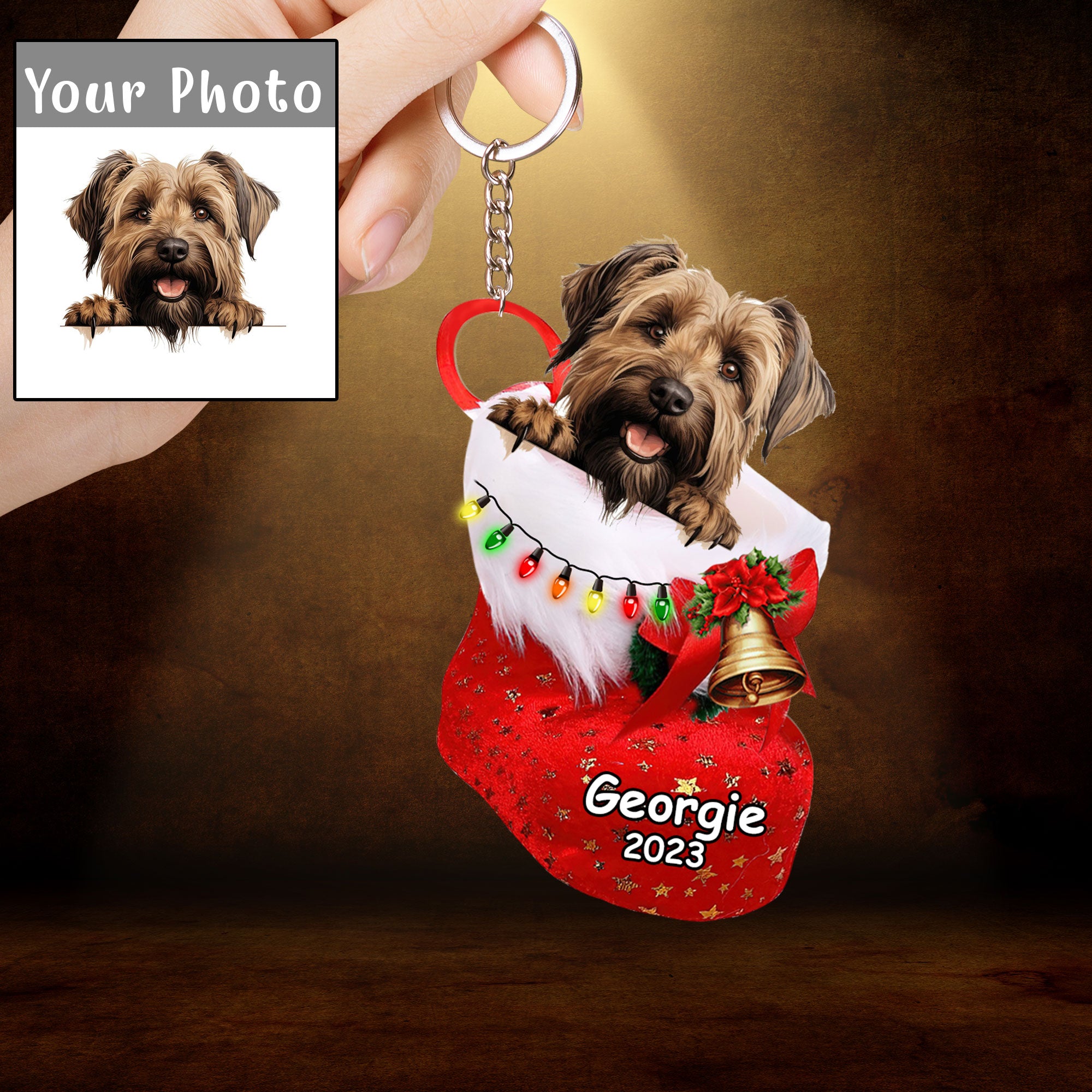 Custom Dog Acrylic Christmas Keychain, Personalized Briard Dog In Stocking Christmas Acrylic Keychain for Dog Lover, New Year