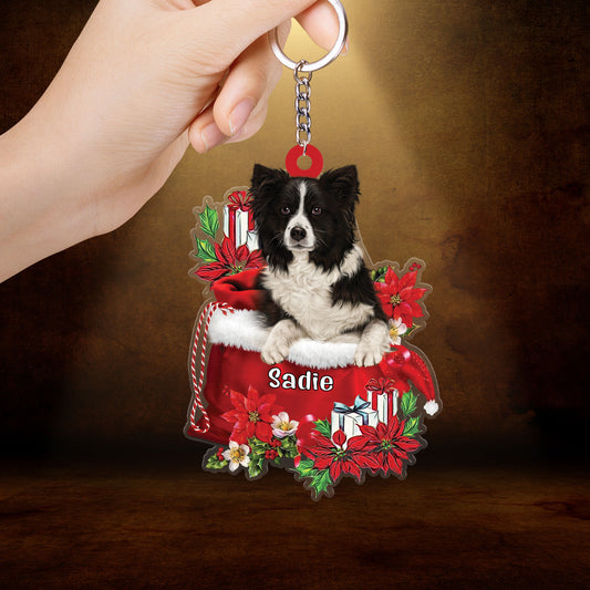 Custom Name Border Collie In Red Gift Bag Christmas Acrylic Keychain, Customized Christmas Gift For Dog Lovers, Dog Mom