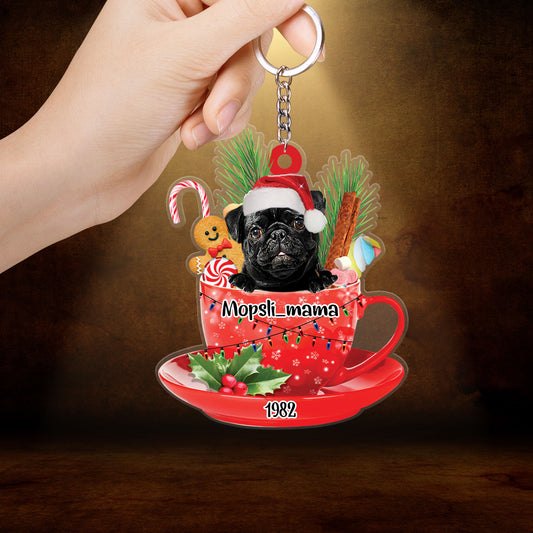 Custom Dog Acrylic Christmas Keychain, Personalized Black Pug In Cup Merry Acrylic Keychain For Dog Lovers, Dog Christmas Gift