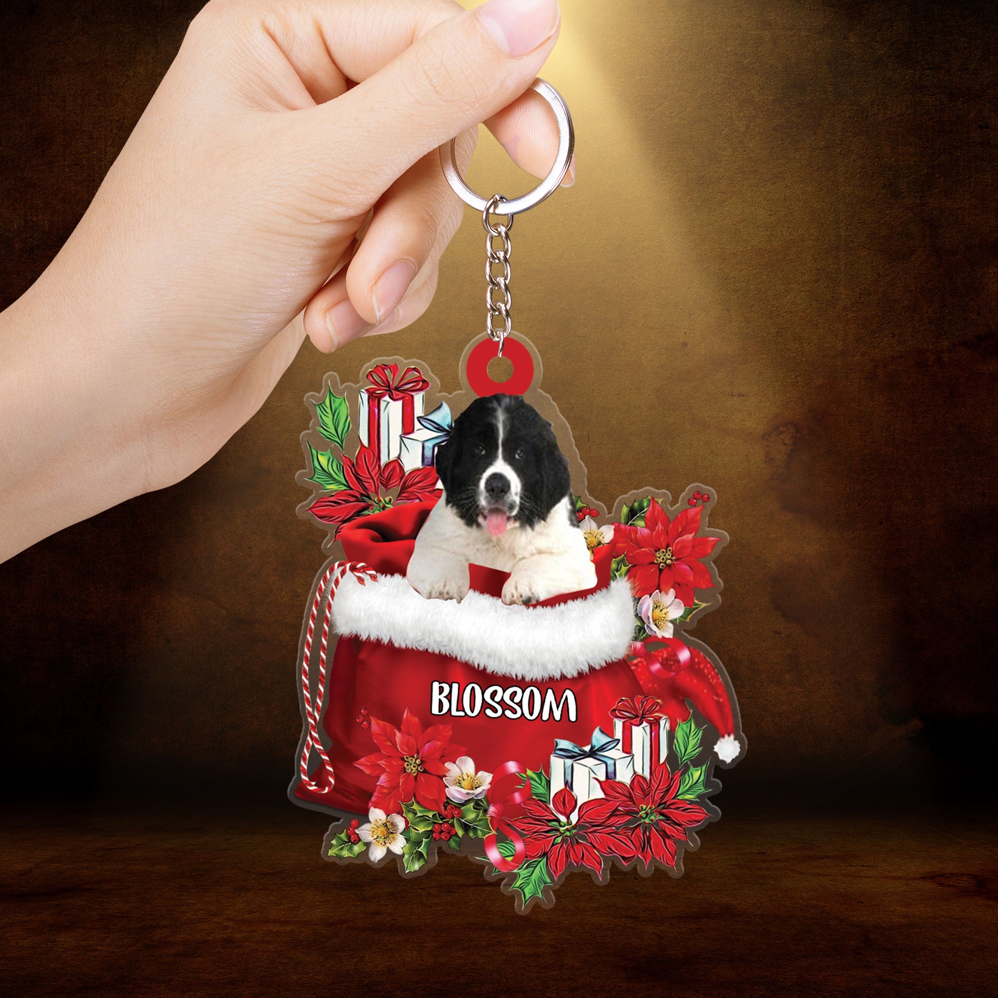 Personalized Name Newfoundland In Red Gift Bag Christmas Acrylic Keychain, Customized Christmas Gift For Dog Lovers, Dog Mom