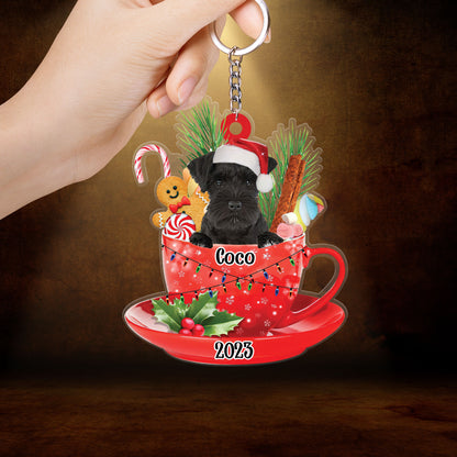 Custom Dog Acrylic Christmas Keychain, Personalized Black Miniature Schnauzer & Santa Hat In Red Cup Acrylic Keychain for Dog Lover, Christmas, New Year